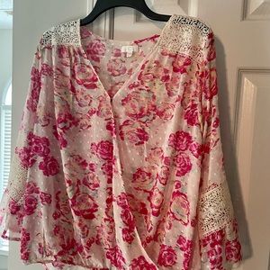 Charming Charlie floral rose print semi sheer bell sleeves too size medium